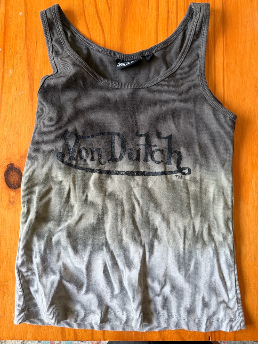 Von Dutch Olive to Khaki Ombre Ribbed Tank Top with Black Logo